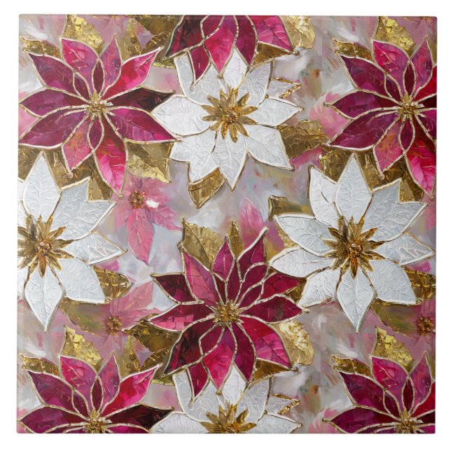 White Gold Burgundy Pink Christmas Poinsettias Tile (Front)