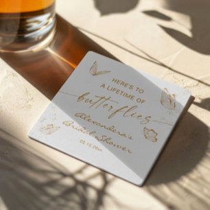 White Gold Butterfly Bridal Shower Welcome Square Paper Coaster