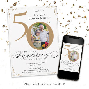 White Gold Calligraphy 50th Wedding Anniversary Invitation