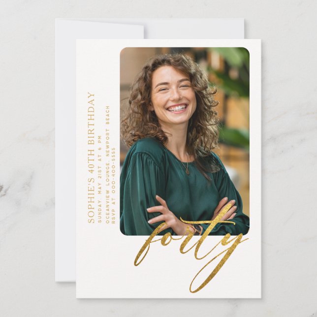 White Gold Calligraphy Modern 40th Birthday Photo Invitation (Front)