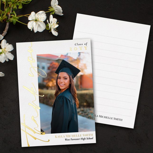 White Gold Calligraphy Photo Graduation Thank You (Creator Uploaded)