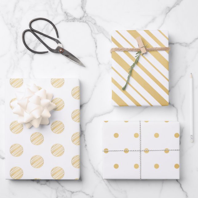 White & Gold Candy Cane Stripes & Polka Dots Wrapping Paper Sheet (Front)
