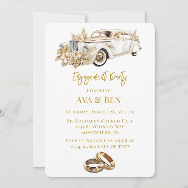 White Gold Car with Florals Engagement Party Invitation (Front)