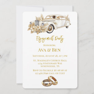 White Gold Car with Florals Engagement Party Invitation