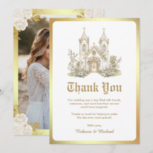 White Gold Catholic Church Wedding Photo Thank You Card