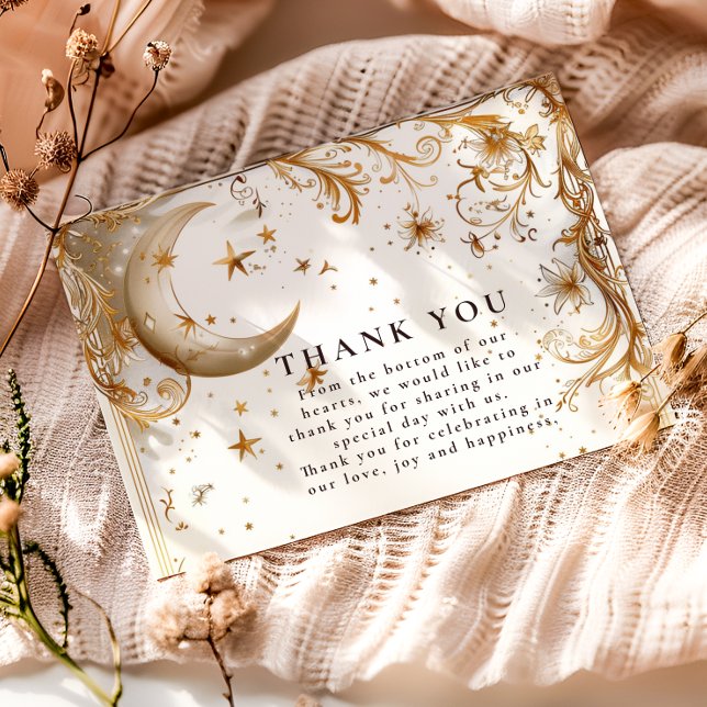 White Gold Celestial Moon & Stars Wedding Thank You Card (Creator Uploaded)