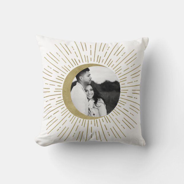 White & Gold Celestial Sunburst Moon Photo Wedding Cushion (Front)