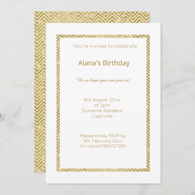 WHITE GOLD CHEVRON TRIM  ALL OCASSION INVITATION (Front/Back)