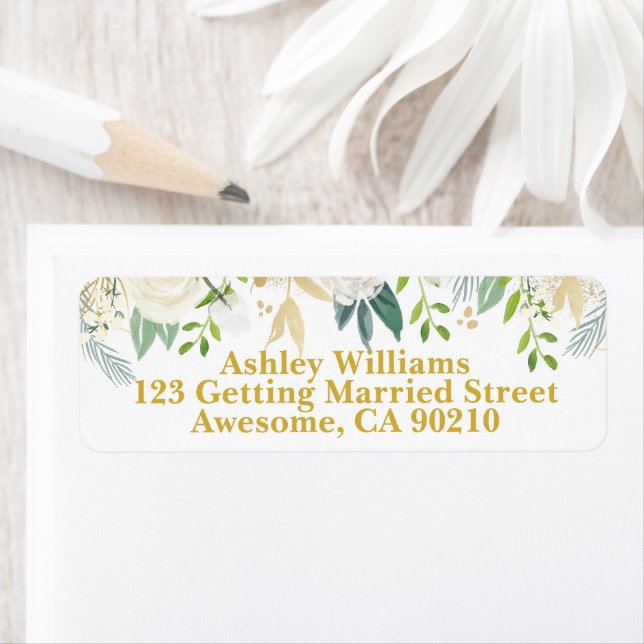 White & Gold Chic Greenery Wedding Return Address (Insitu)