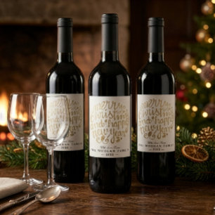 White & Gold Christmas & Happy New Year Typography Wine Label