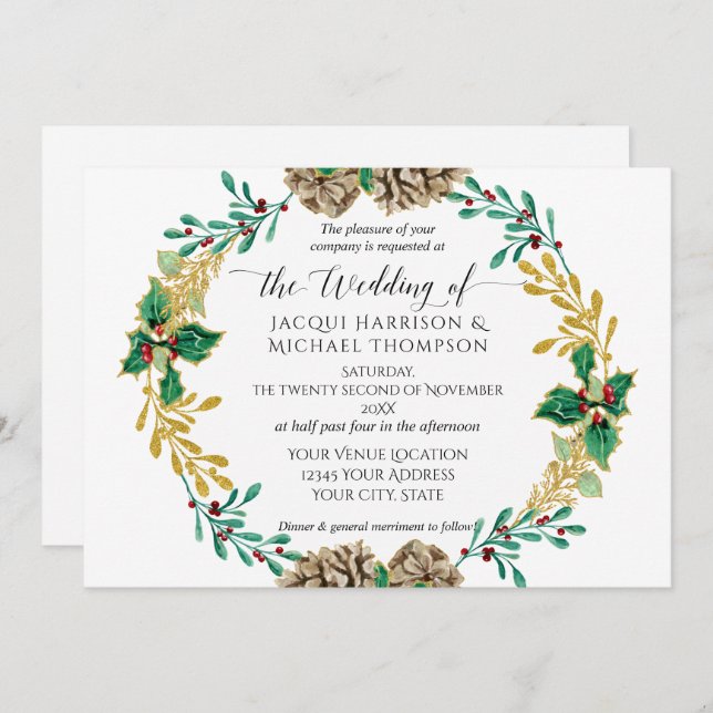 White Gold Christmas Pine Cone Greenery Wedding Invitation (Front/Back)