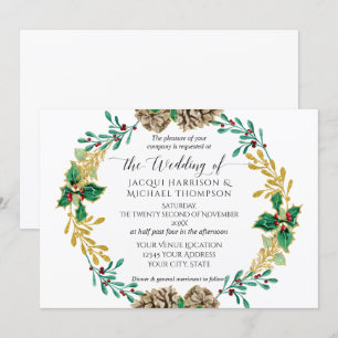 White Gold Christmas Pine Cone Greenery Wedding Invitation