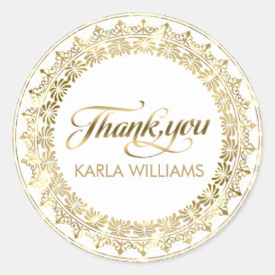 White & Gold Circle Lace Frame ThankYou Typography Classic Round Sticker