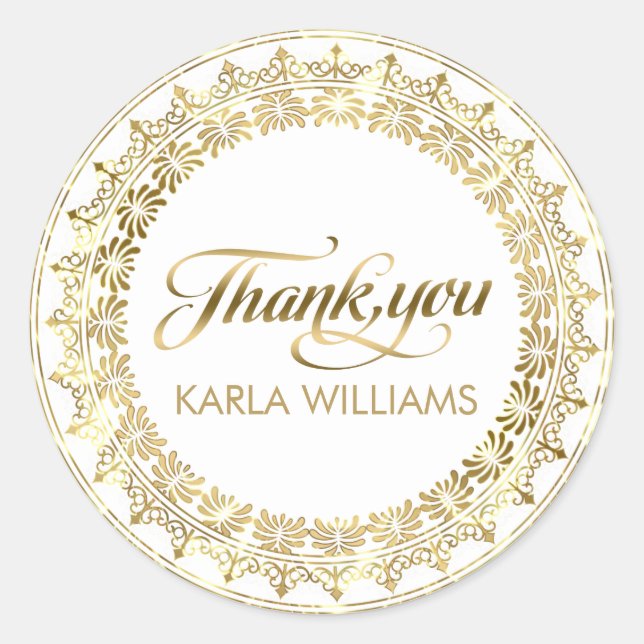 White & Gold Circle Lace Frame ThankYou Typography Classic Round Sticker (Front)