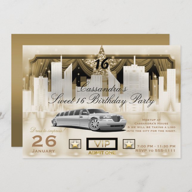 White Gold City Night Lights Limo Birthday Party Invitation (Front/Back)