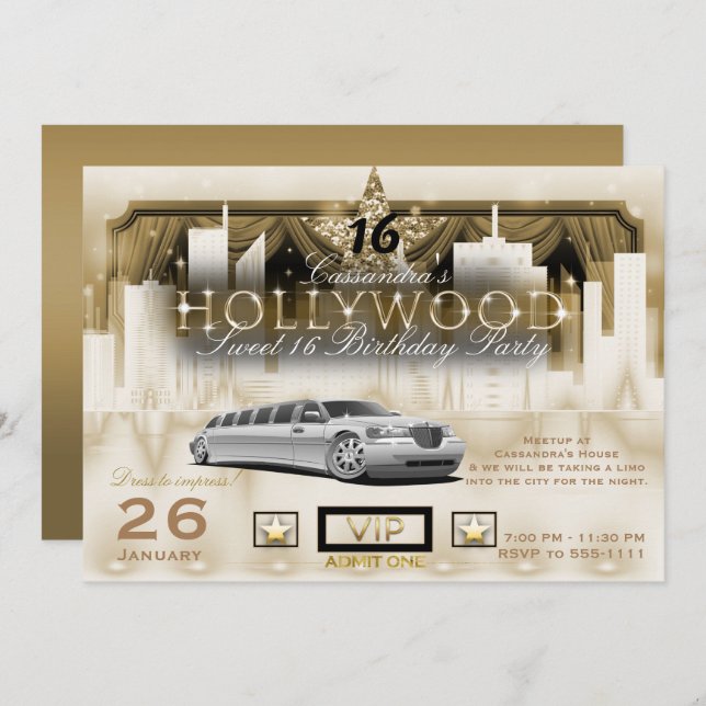 White Gold City Night Lights Limo Hollywood Party Invitation (Front/Back)