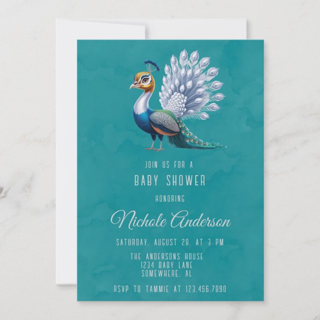 White Gold Colourful Peacock Baby Shower Welcome Invitation (Front)