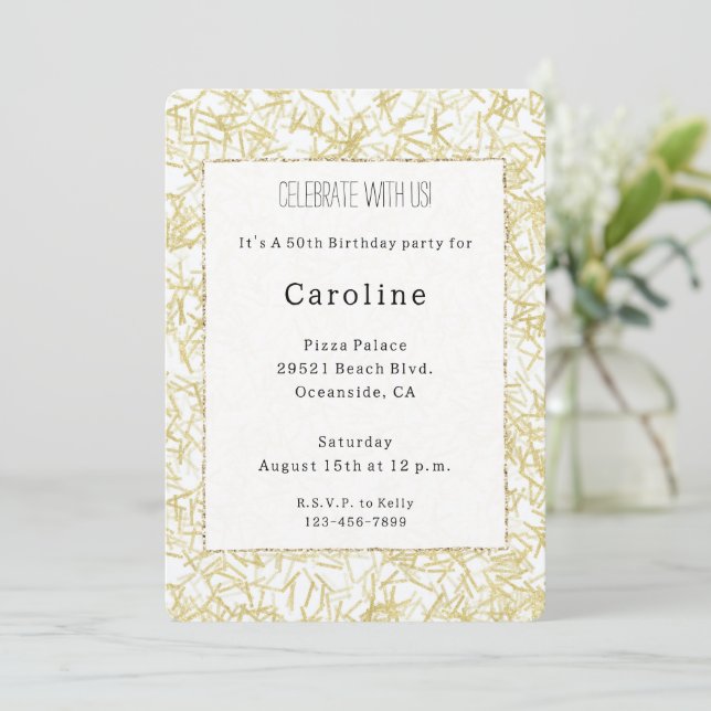 White Gold Confetti 50th Birthday   Invitation (Standing Front)