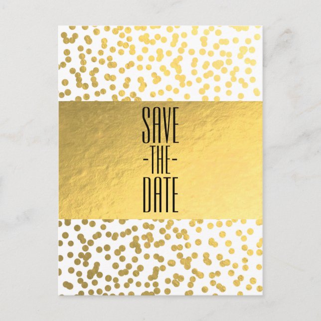 White & Gold Confetti Foil Glam Save the Date Announcement Postcard (Front)