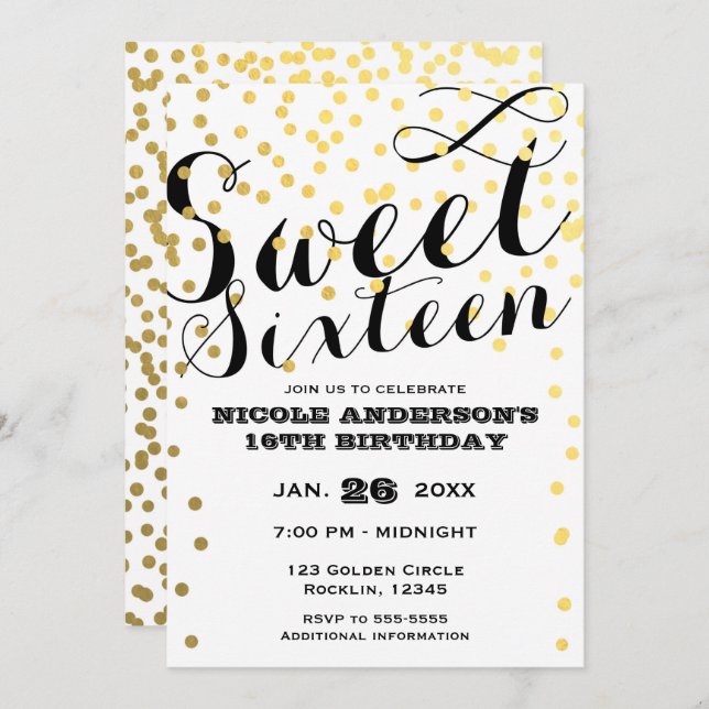 White & Gold Confetti Foil SWEET 16 SIXTEEN Invitation (Front/Back)