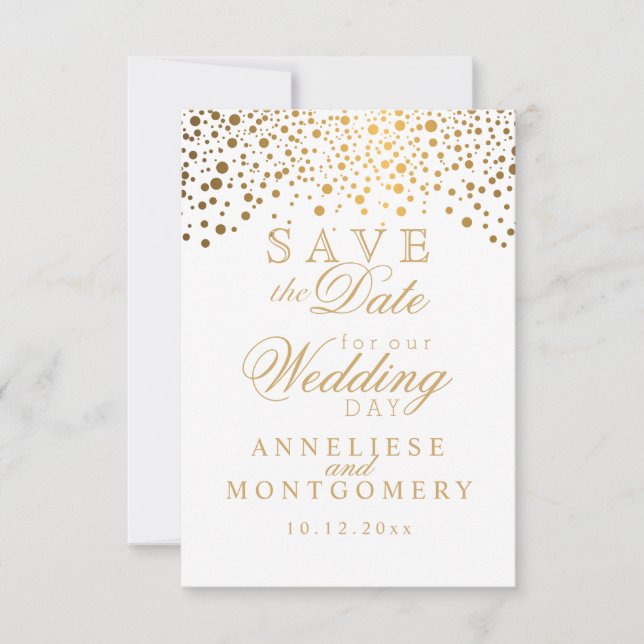 White & Gold Confetti & Glitter Save the Date (Front)