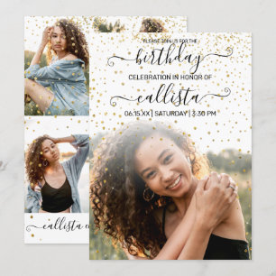 White Gold Confetti Photo Collage Birthday Invitation