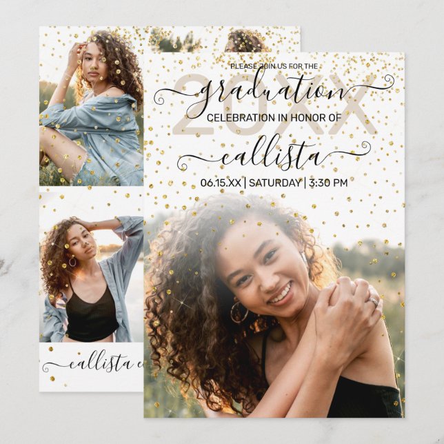 White Gold Confetti Photo Collage Graduation Invitation (Front/Back)