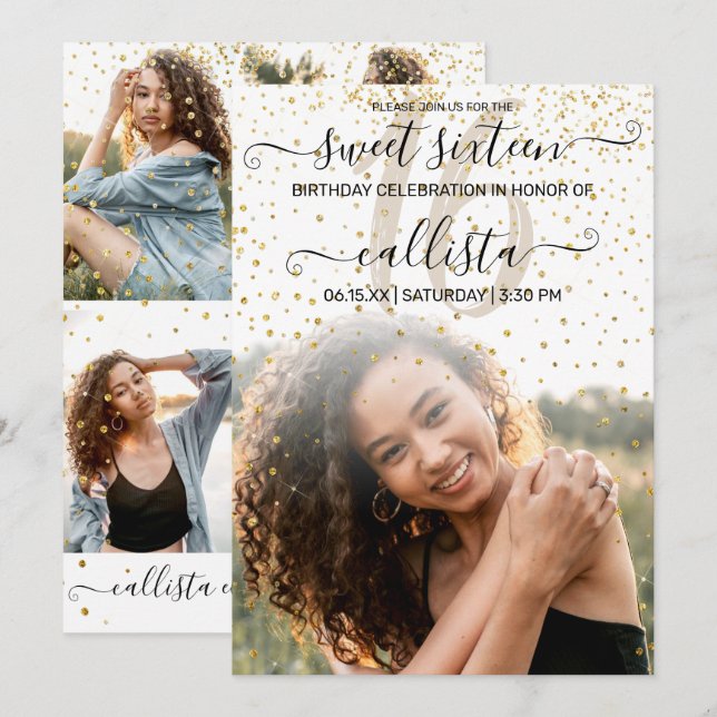 White Gold Confetti Photo Collage Sweet 16 Invitation (Front/Back)