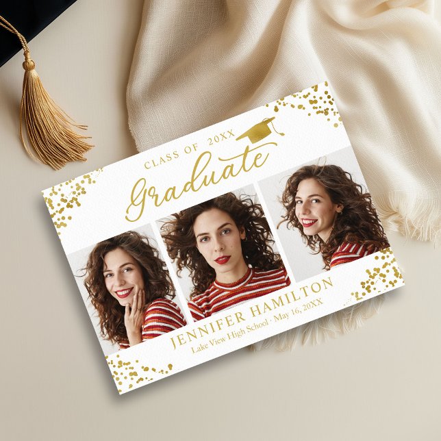 White Gold Confetti Photo Graduation Announcement  (Creator Uploaded)