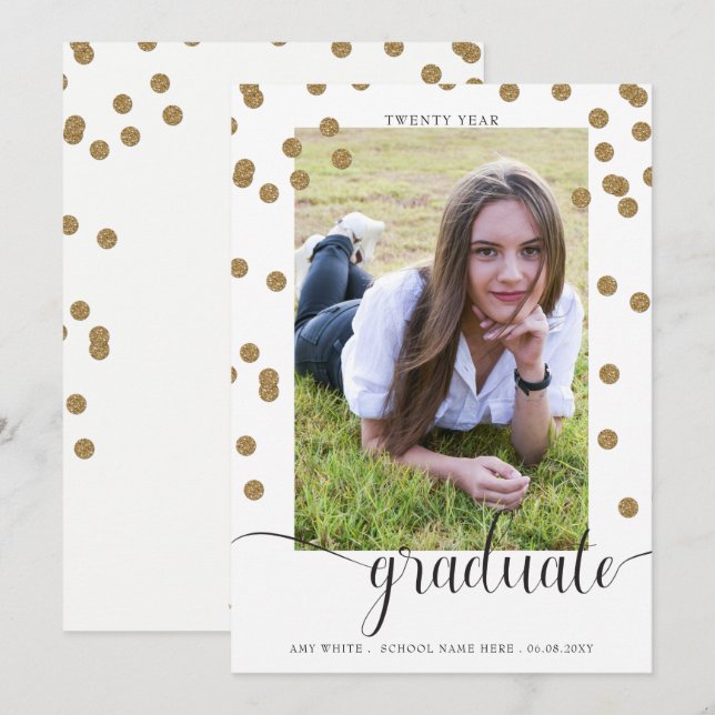 White Gold Confetti Photo Graduation Announcement (Front/Back)