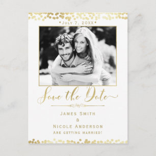 White & Gold Confetti Photo Wedding Save the Date Announcement Postcard