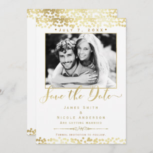 White & Gold Confetti Photo Wedding Save the Date Invitation