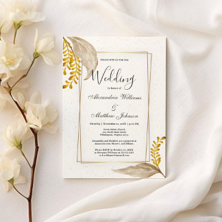 White gold confetti vintage brown floral Wedding Invitation