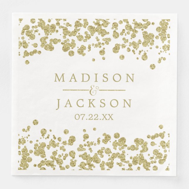 White & Gold Confetti Wedding Monogram Napkin (Front)