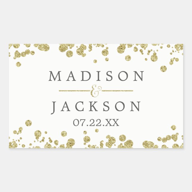 White & Gold Confetti Wedding Monogram Rectangular Sticker (Front)