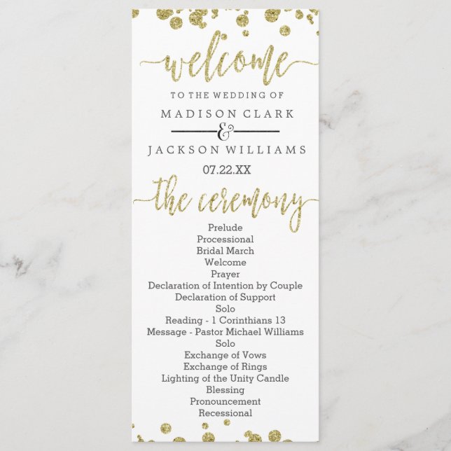 White & Gold Confetti Wedding Program Programme (Front)