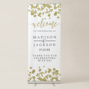 White & Gold Confetti Wedding Welcome Retractable Banner