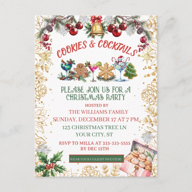White & Gold Cookies & cocktails Holiday  Postcard (Front)