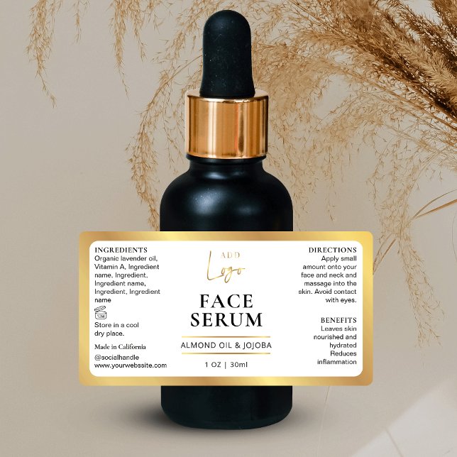 White & Gold Cosmetic 1 OZ Dropper Bottle Label (Create branded labels for your small skincare bottles using this label *verify size*)