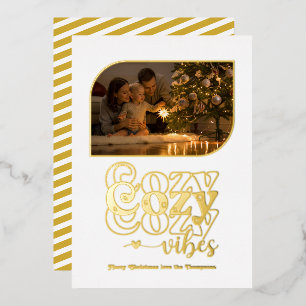 White & Gold Cosy Vibes Retro Christmas Photo Foil Holiday Card