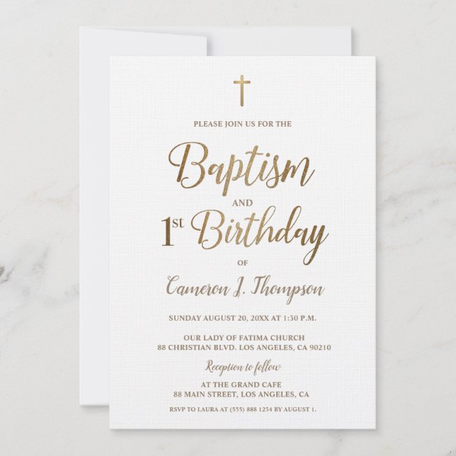 White Gold Cross Baptism 1st Birthday Invitation (Front)