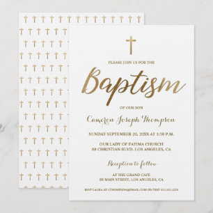 White Gold Cross Custom Baby boy Baptism Invitation