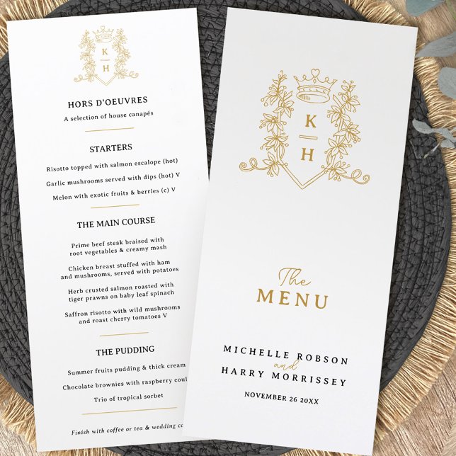White gold crown crest monogram wedding menu (Creator Uploaded)