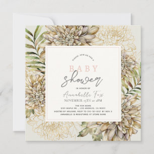 White & Gold Dahlia Floral Girl Baby Shower Invitation