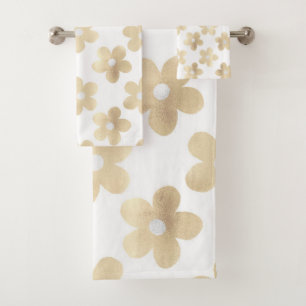 White Gold Daisy Flowers Retro Pattern Bath Towel Set