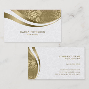White & Gold Damask Dynamic Lines Monogram Business Card