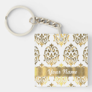 White & gold damask key ring