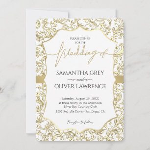 White & Gold Damask Wedding Invitation
