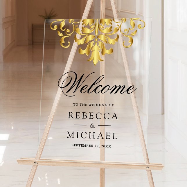 White Gold Damask Wedding Welcome Acrylic Sign (Creator Uploaded)