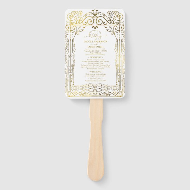 White Gold Deco Chic Glam Wedding Program Hand Fan (Front)